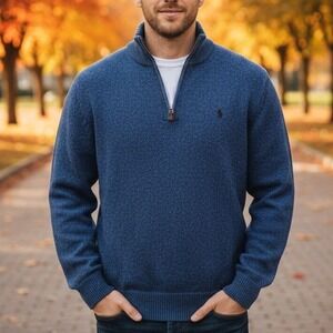 Polo Ralph Lauren XXL $145 Blue Heather 100% Cotton Quarter Zip Pullover Sweater